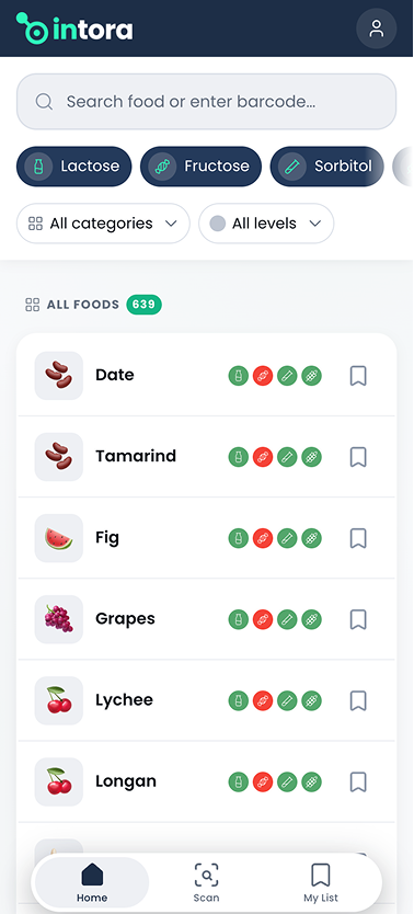 Intora food list on a phone screen